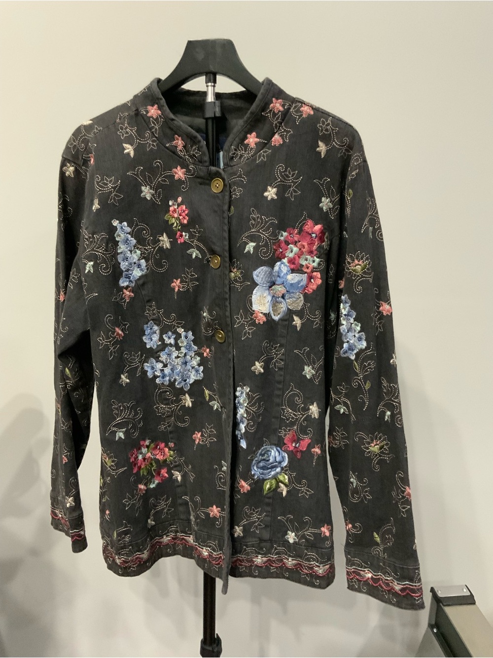 Denim& Co. Vintage Black Floral Embroidered Jacket Mandarin Collar